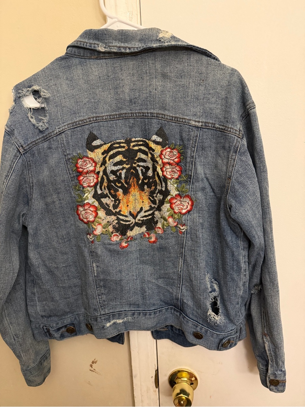 Vanilla Star Light Blue Denim Jacket with Embroidered Tiger and Roses- Runs big